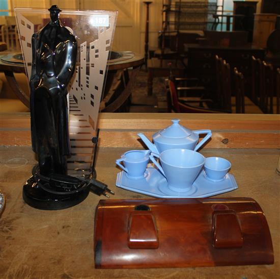 Sanderman style lamp, bakelite inkstand and batchelor set